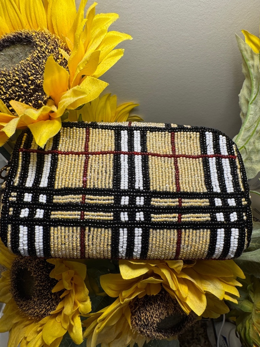 Beaded Plaid Clutch in Gold and Black